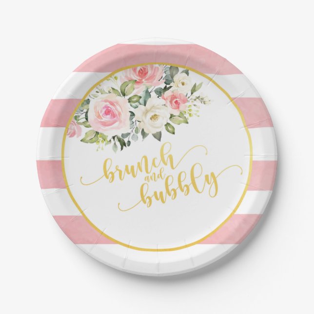 Brunch & Bubbly Brautparty Plate - Rosa Streifen Pappteller (Vorderseite)