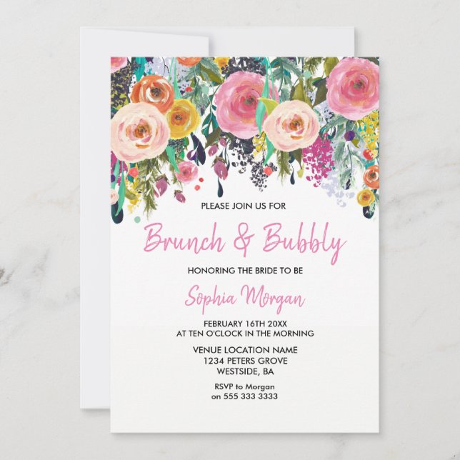 Brunch & Bubbly Brautparty Rosa Blütenladen Einladung (Vorderseite)
