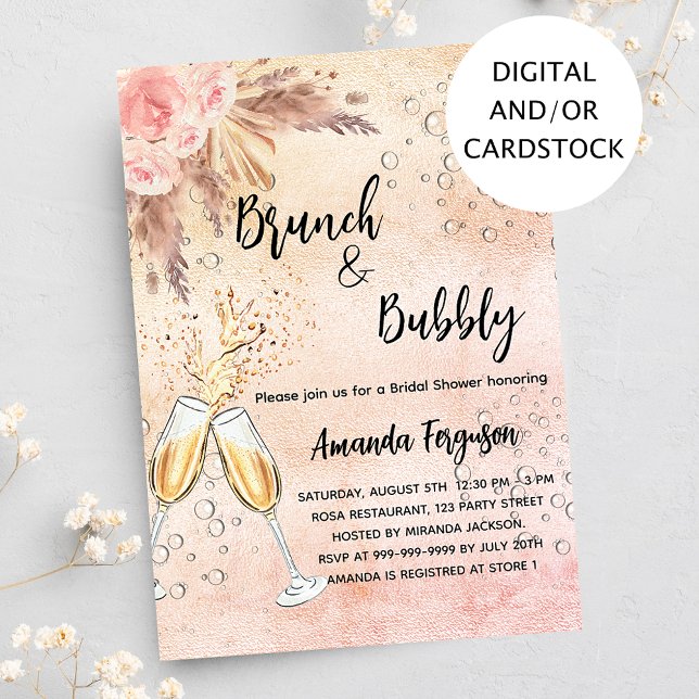 Brunch Bubbly Brautparty Rose Pampelgras Einladung (Von Creator hochgeladen)