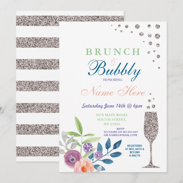 Brunch & Bubbly Brautparty Silver Floral Einladung (Vorne/Hinten)