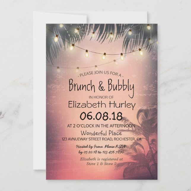 Brunch Bubbly Brautparty Summer Palm Tree Light Einladung (Vorderseite)