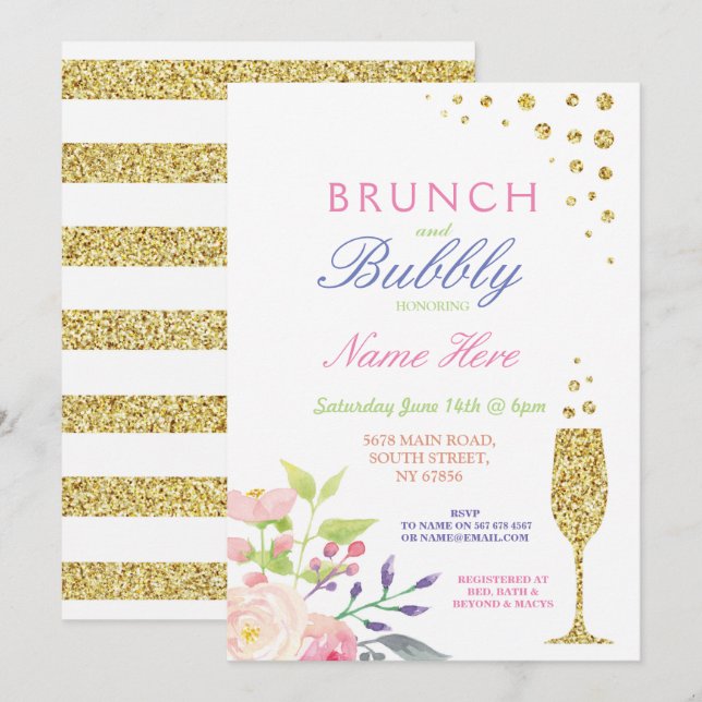 Brunch & Bubbly Brautparty Sweet Floral Einladung (Vorne/Hinten)