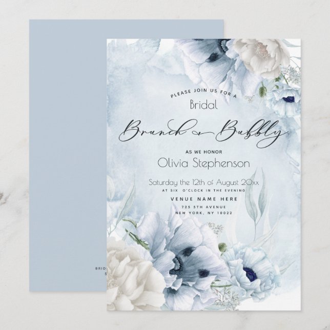 Brunch Bubbly Brautparty Watercolor Blue Blume Einladung (Vorne/Hinten)