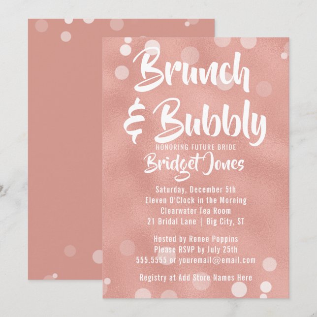 Brunch & Bubbly Bridal Dusche Einladung Rose Gold (Vorne/Hinten)