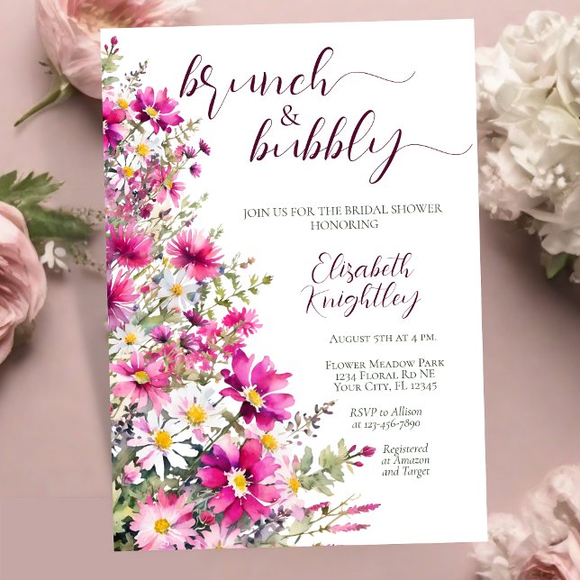 Brunch & Bubbly Bright Pink Floral Brautparty Einladung (Von Creator hochgeladen)