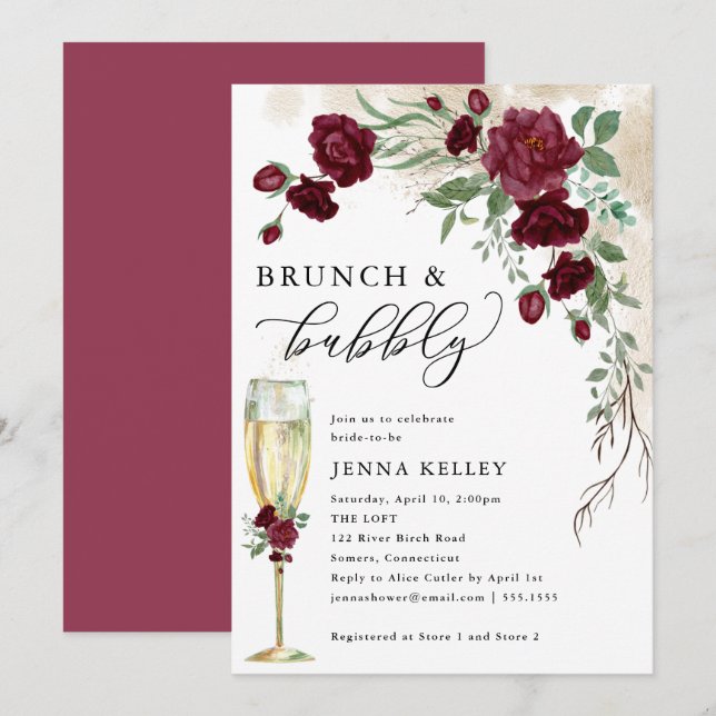 Brunch & Bubbly Burgund Rose Vine, Brautparty Einladung (Vorne/Hinten)