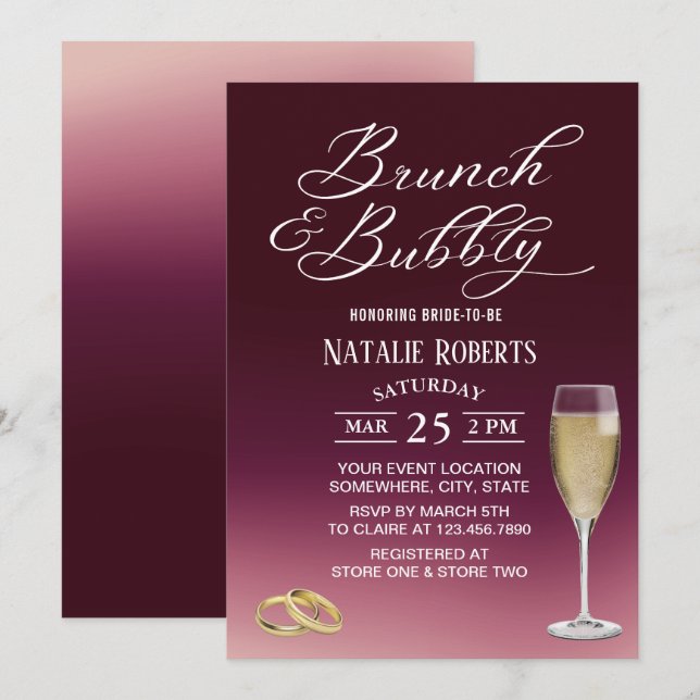 Brunch & Bubbly Burgundy Red Ombre Brautparty Einladung (Vorne/Hinten)