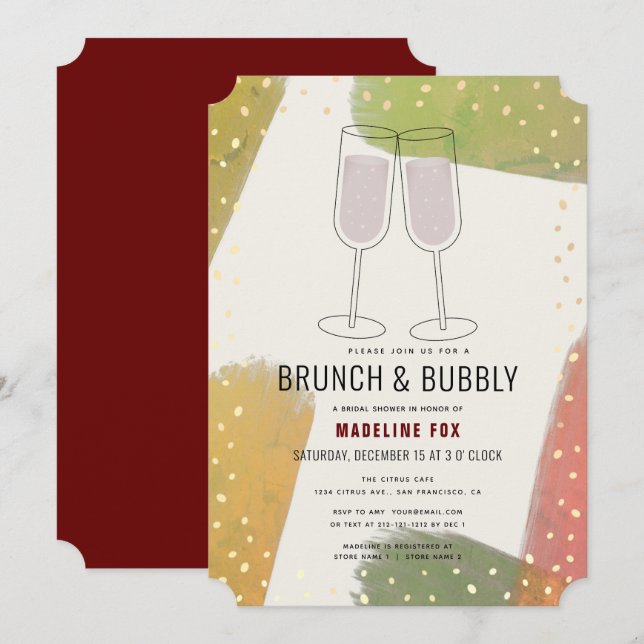 Brunch & Bubbly Champagne Burgundy Brautparty Einladung (Vorne/Hinten)