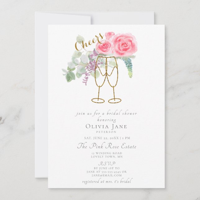 Brunch Bubbly Cheke Pink Gold Rose Brautparty Einladung (Vorderseite)