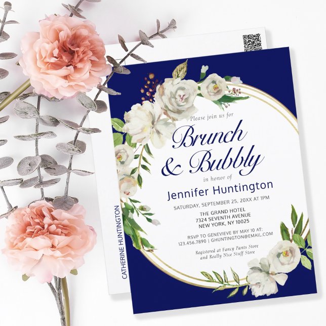 Brunch & Bubbly Dark Blue Floral Brautparty Postkarte (Von Creator hochgeladen)