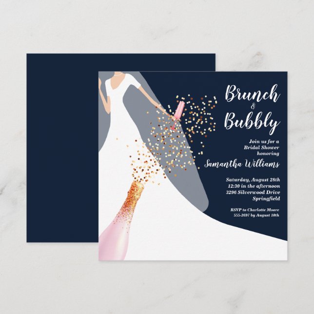 Brunch Bubbly Dress Navy Bridal Dusche Einladungen (Vorne/Hinten)