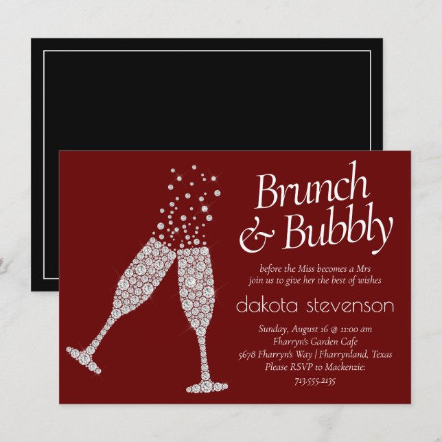 Brunch Bubbly | Dunkelrotes Schwarz-weißes Brautpa Einladung (Vorne/Hinten)