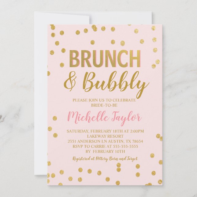 Brunch & Bubbly Einladung | Rosa und Gold (Vorderseite)