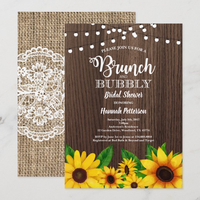 Brunch & Bubbly Einladung Sonnenblumen rustikal (Vorne/Hinten)