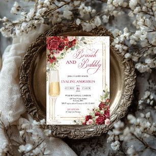 Brunch & Bubbly Eleganter Roter Rosen Brautbad   Einladung