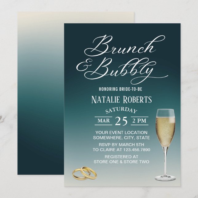 Brunch & Bubbly Elegantes Aquamarines Ombre Brautp Einladung (Vorne/Hinten)