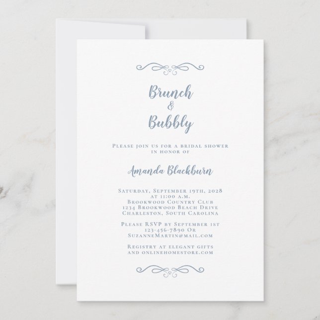 Brunch & Bubbly Elegantes Dusty Blue Brautparty Einladung (Vorderseite)