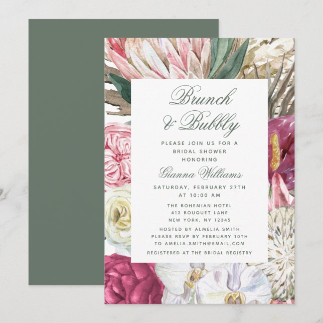 Brunch & Bubbly Floral Brautparty Einladung (Vorne/Hinten)