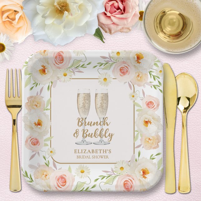 Brunch & Bubbly Garden Brautparty Pappteller (Brunch & Bubbly garden floral bridal shower square paper plates - 2 sizes available)