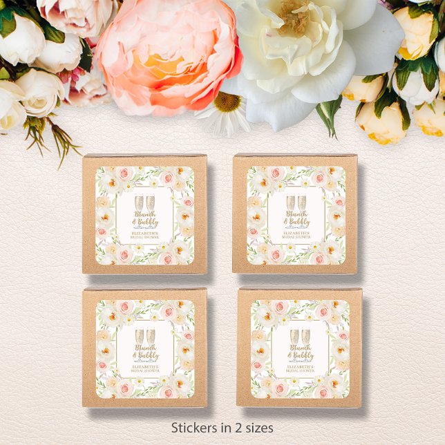 Brunch & Bubbly Garden Brautparty Quadratischer Aufkleber (Brunch & Bubbly blush floral bridal shower square stickers -  choose 1-1/2" or 3" )