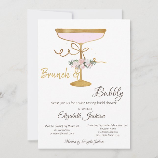 Brunch & Bubbly Glass, Glitzer Brautparty Einladung (Vorderseite)