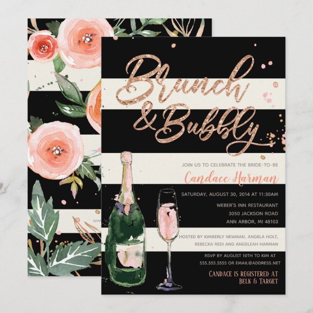 Brunch & Bubbly Glitzer Black Strip Brautparty Einladung (Vorne/Hinten)
