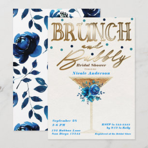 Brunch Bubbly Gold Aquamarin Blue Floral Brautpart Einladung