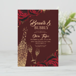 Brunch & Bubbly Gold Burgunder Rosen Brautparty Einladung