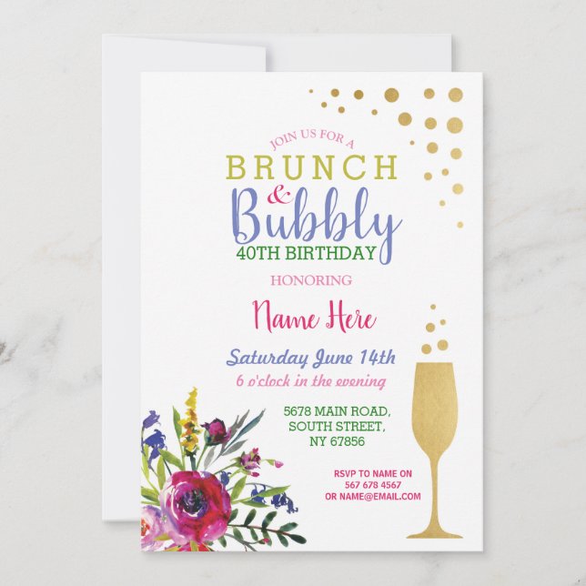 Brunch & Bubbly Gold Geburtstag Blumenladen Einladung (Vorderseite)