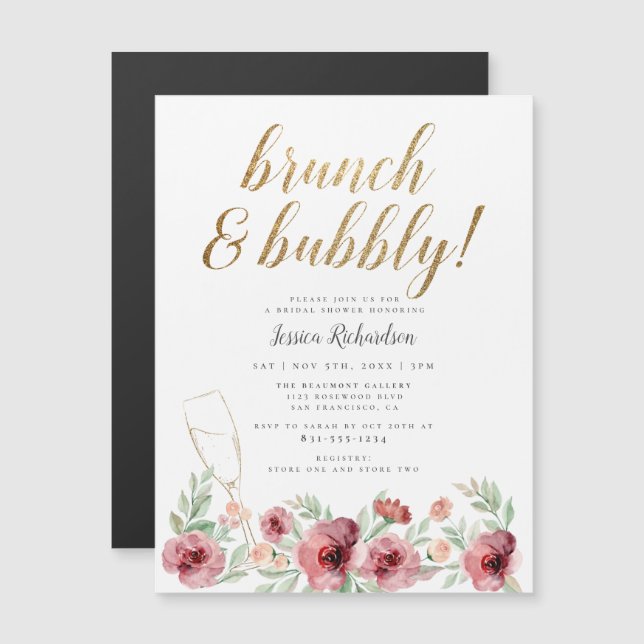 Brunch & Bubbly Gold Script Floral Brautparty Magneteinladung (Vorne/Hinten)