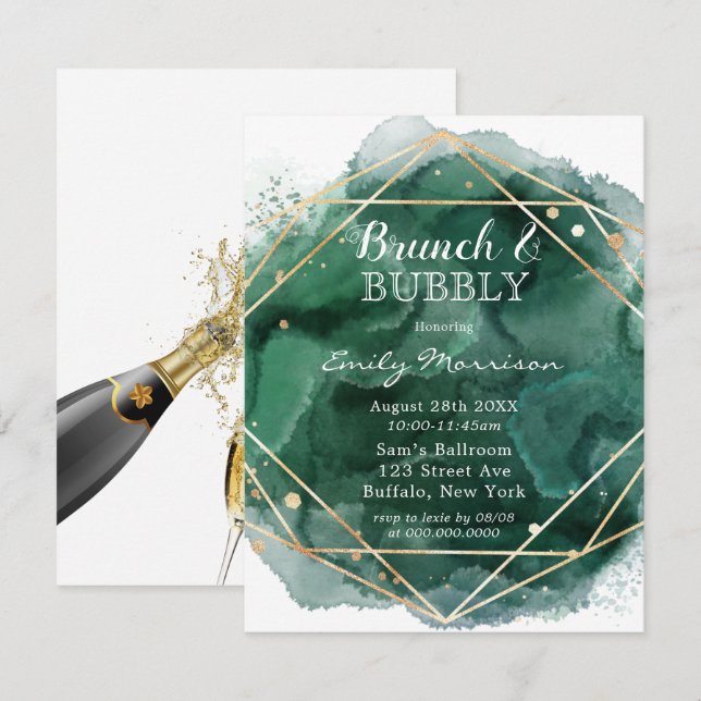 Brunch & Bubbly, grün und goldfarben Einladung (Vorne/Hinten)