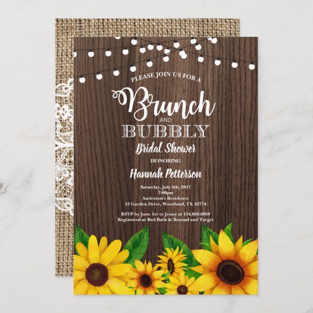 Brunch & Bubbly invitation tournesol rustique (Devant / Derrière)