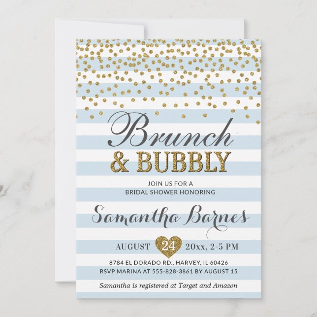 Brunch Bubbly Light Blue Gold Chic Brautparty Einladung (Vorderseite)
