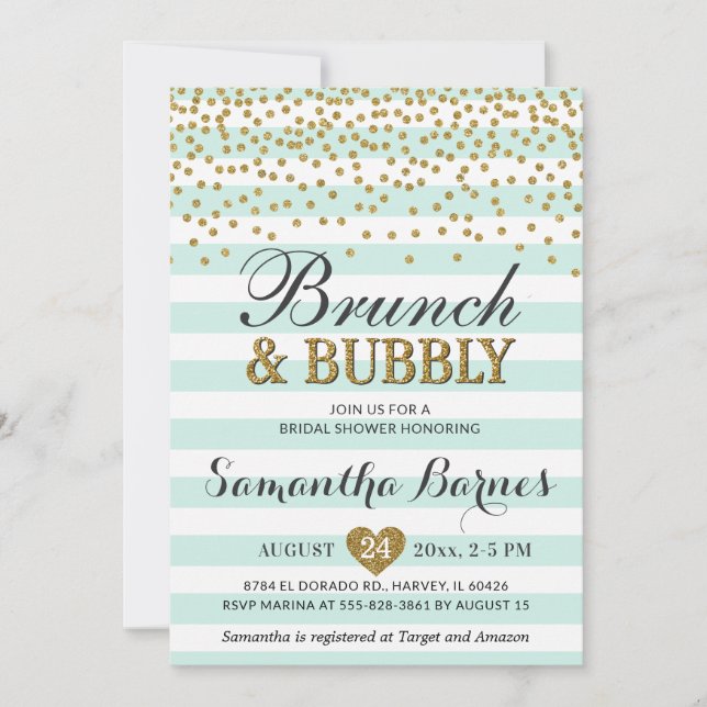 Brunch Bubbly Mint Green Gold Brautparty Streifen Einladung (Vorderseite)