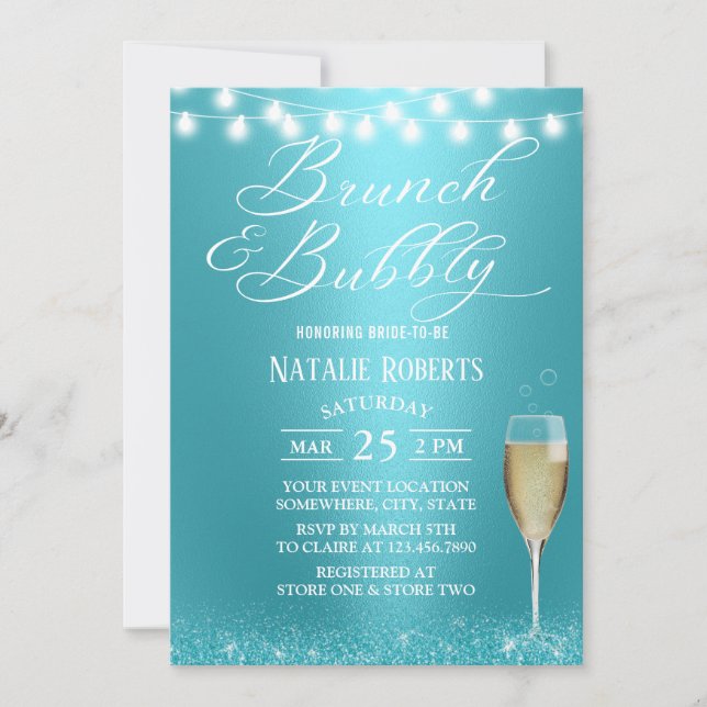 Brunch & Bubbly Modernes türkisfarbenes Brautparty Einladung (Vorderseite)