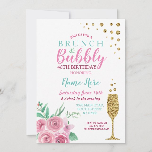 Brunch & Bubbly Pink Birthday Floral Einladung (Vorderseite)