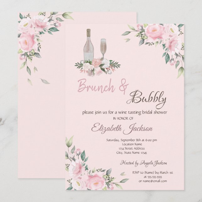 Brunch & Bubbly Pink Blume Brautparty Einladung (Vorne/Hinten)