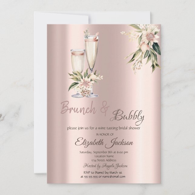 Brunch & Bubbly Pink Blume Tropfen Brautparty Einladung (Vorderseite)