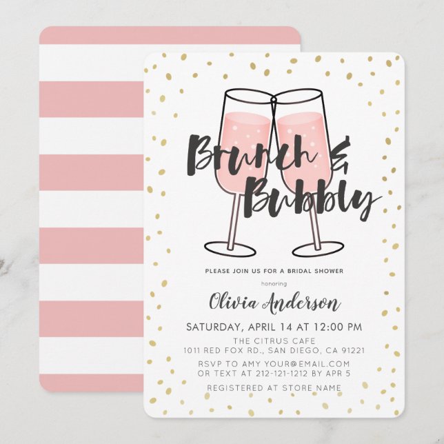 Brunch & Bubbly Pink Champagner Brautparty Einladung (Vorne/Hinten)