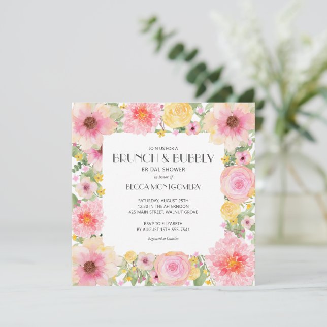Brunch Bubbly Pink Floral Brautparty lädt ein (Stehend Vorderseite)