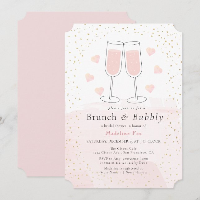 Brunch & Bubbly Pink Gold Champagner Brautparty Einladung (Vorne/Hinten)
