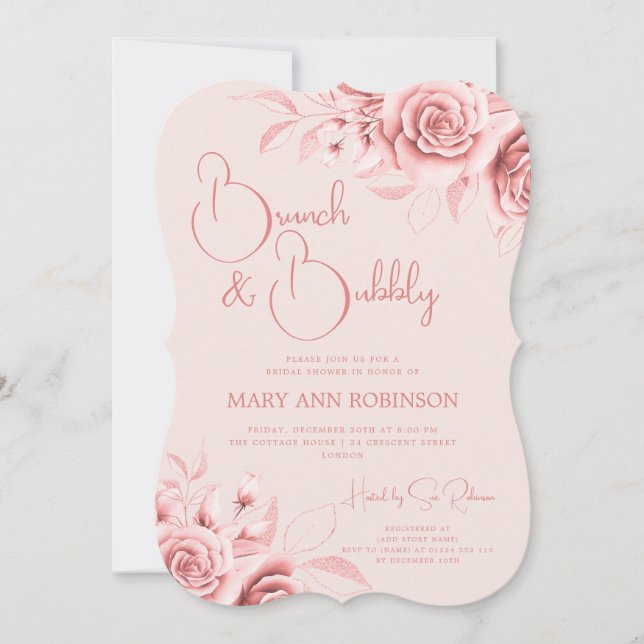 BRUNCH BUBBLY Rose Gold Blumenrot Brautparty Blush Einladung (Vorderseite)