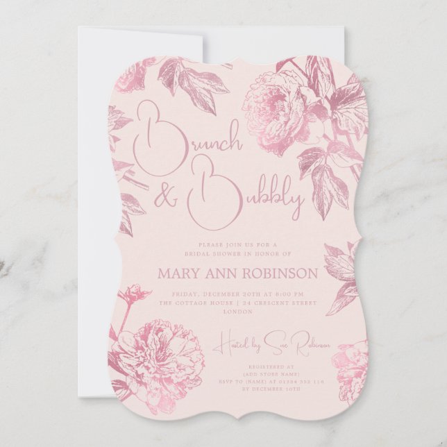 BRUNCH BUBBLY Rose Gold Blumenrot Brautparty Blush Einladung (Vorderseite)