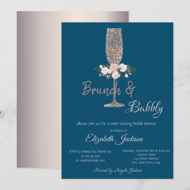 Brunch & Bubbly Rose Gold Brautparty Einladung (Vorne/Hinten)