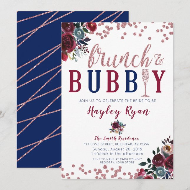 Brunch & Bubbly Rose Gold Burgund Navy Champagne Einladung (Vorne/Hinten)