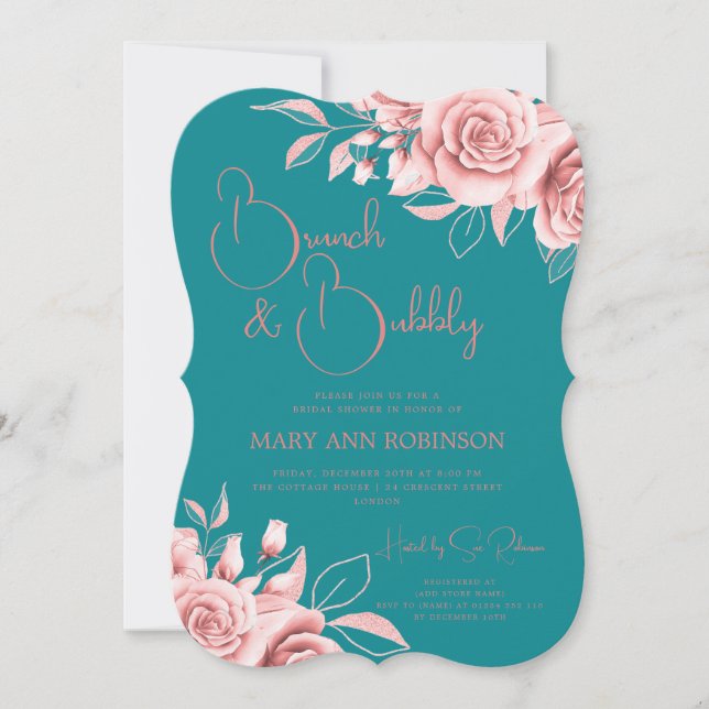 BRUNCH BUBBLY Rose Gold Floral Brautparty Aquamari Einladung (Vorderseite)