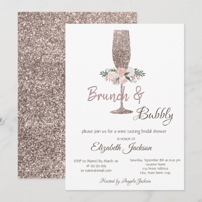 Brunch & Bubbly Rose Gold Glitzer Brautparty Einladung (Vorne/Hinten)