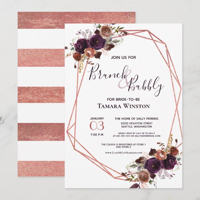Brunch & Bubbly Rose Gold Lila Geometrische Dusche Einladung (Vorne/Hinten)