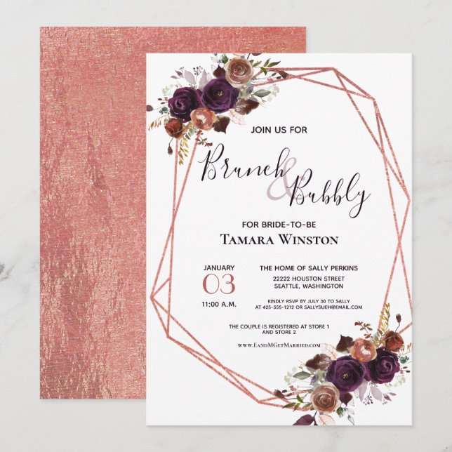 Brunch & Bubbly Rose Gold Lila Geometrische Dusche Einladung (Vorne/Hinten)