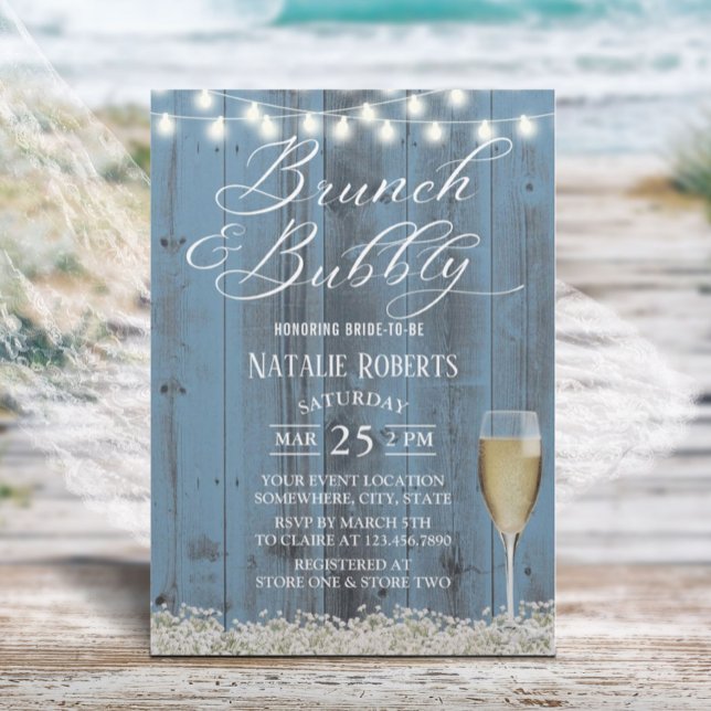 Brunch & Bubbly Rustic Dusty Blue Brautparty Einladung (Von Creator hochgeladen)